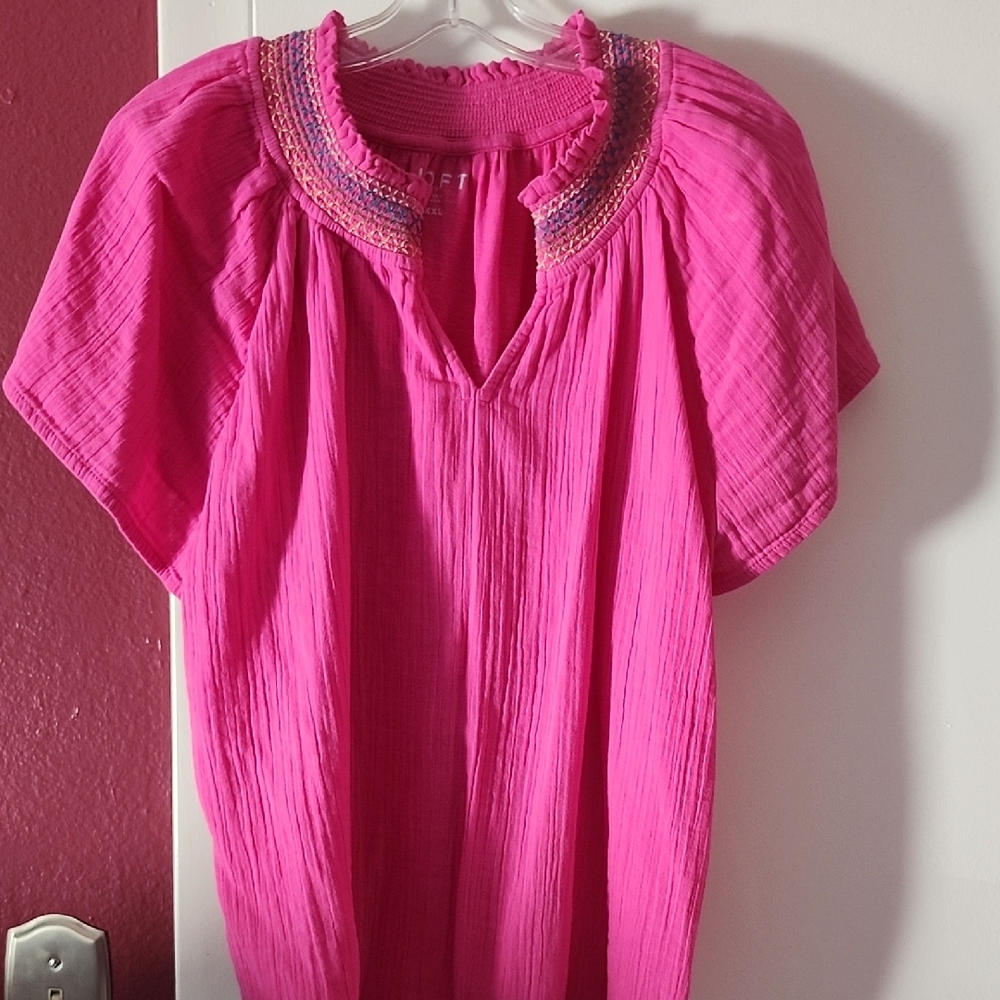 LOFT Fuchsia Blouse with Embroidered Neckline